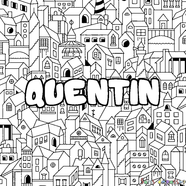 Coloriage pr&eacute;nom QUENTIN - d&eacute;cor Ville