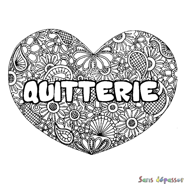 Coloriage pr&eacute;nom QUITTERIE - d&eacute;cor Mandala coeur