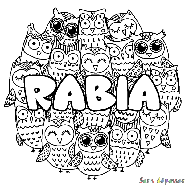 Coloriage prénom RABIA - d&eacute;cor Chouettes