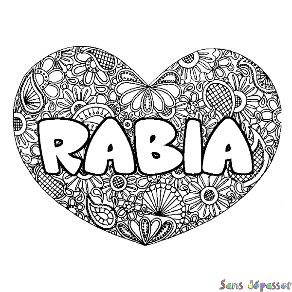 Coloriage pr&eacute;nom RABIA - d&eacute;cor Mandala coeur