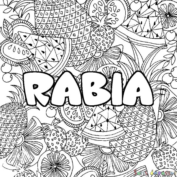 Coloriage prénom RABIA - d&eacute;cor Mandala fruits