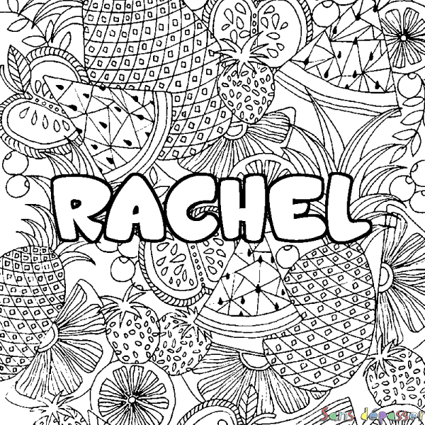 Coloriage pr&eacute;nom RACHEL - d&eacute;cor Mandala fruits