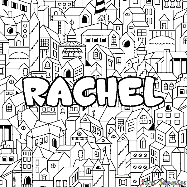 Coloriage pr&eacute;nom RACHEL - d&eacute;cor Ville