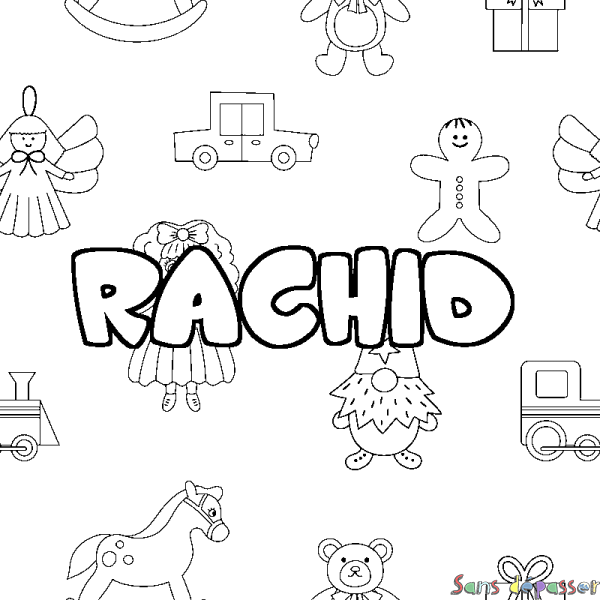 Coloriage pr&eacute;nom RACHID - d&eacute;cor Jouets