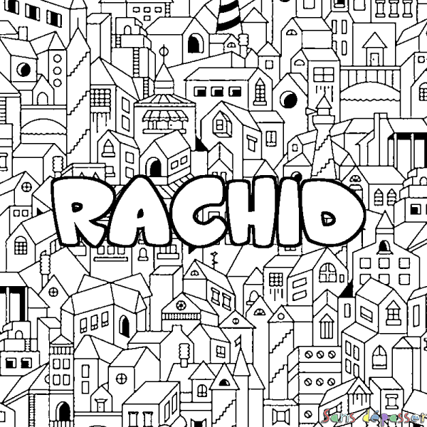 Coloriage prénom RACHID - d&eacute;cor Ville