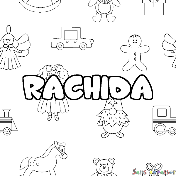 Coloriage pr&eacute;nom RACHIDA - d&eacute;cor Jouets