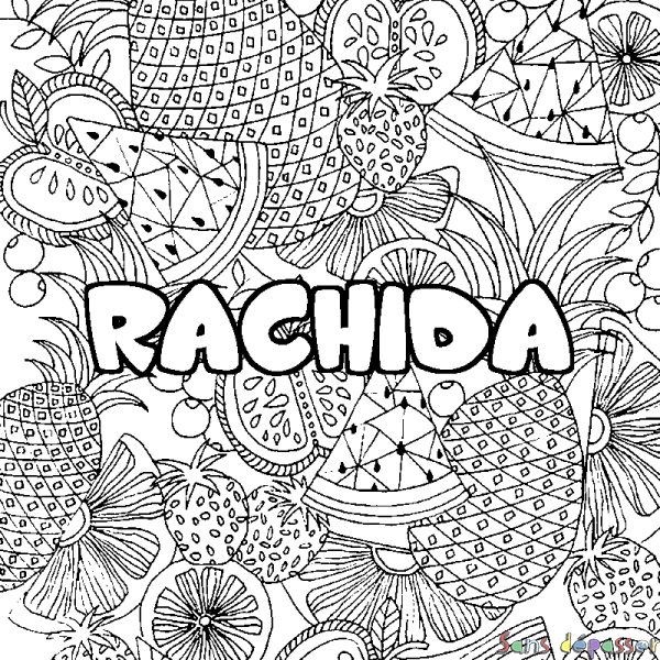 Coloriage prénom RACHIDA - d&eacute;cor Mandala fruits