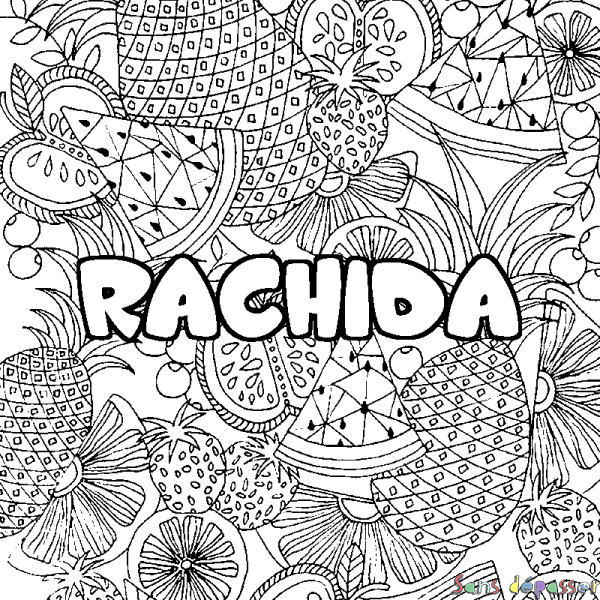 Coloriage pr&eacute;nom RACHIDA - d&eacute;cor Mandala fruits
