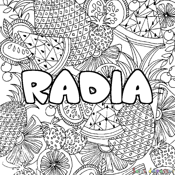 Coloriage prénom RADIA - d&eacute;cor Mandala fruits