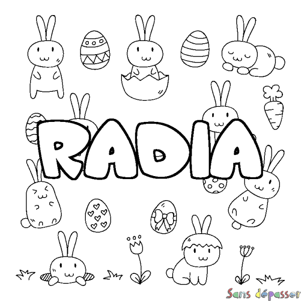 Coloriage pr&eacute;nom RADIA - d&eacute;cor Paques