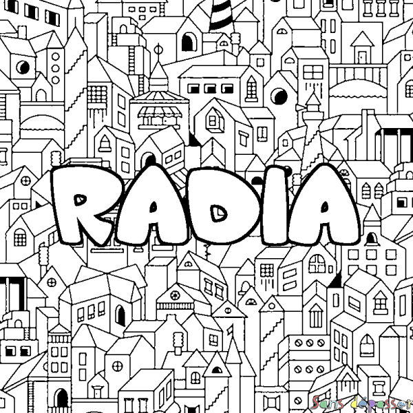 Coloriage prénom RADIA - d&eacute;cor Ville