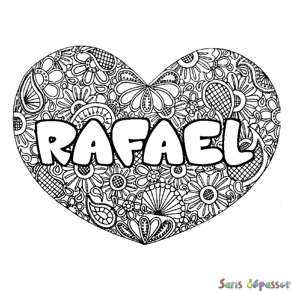 Coloriage prénom RAFAEL - d&eacute;cor Mandala coeur