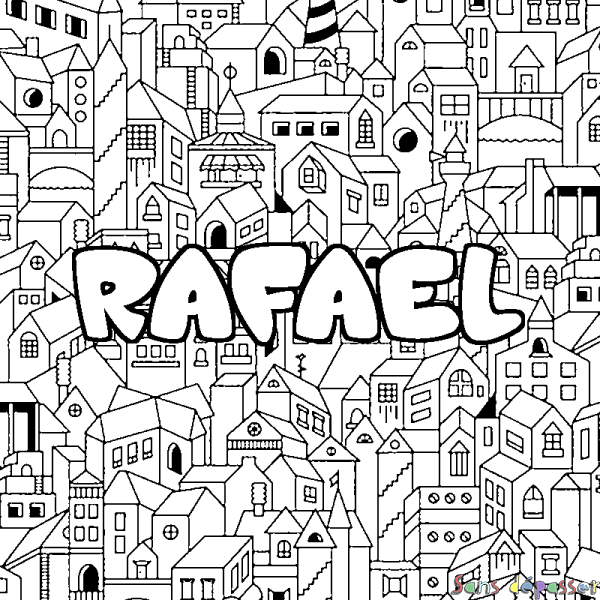 Coloriage prénom RAFAEL - d&eacute;cor Ville