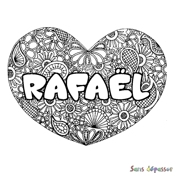 Coloriage pr&eacute;nom RAFA&Euml;L - d&eacute;cor Mandala coeur