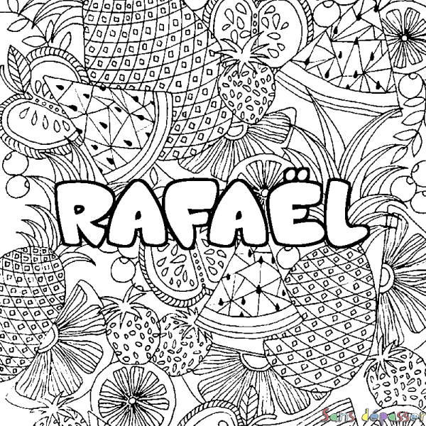 Coloriage pr&eacute;nom RAFA&Euml;L - d&eacute;cor Mandala fruits