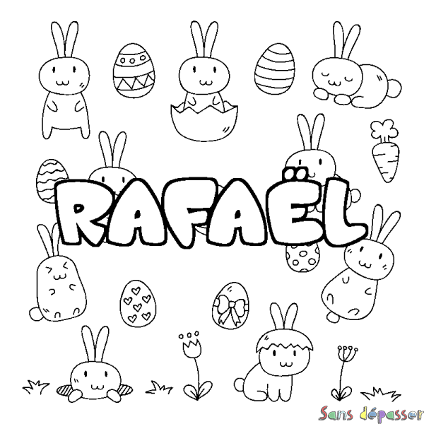 Coloriage pr&eacute;nom RAFA&Euml;L - d&eacute;cor Paques