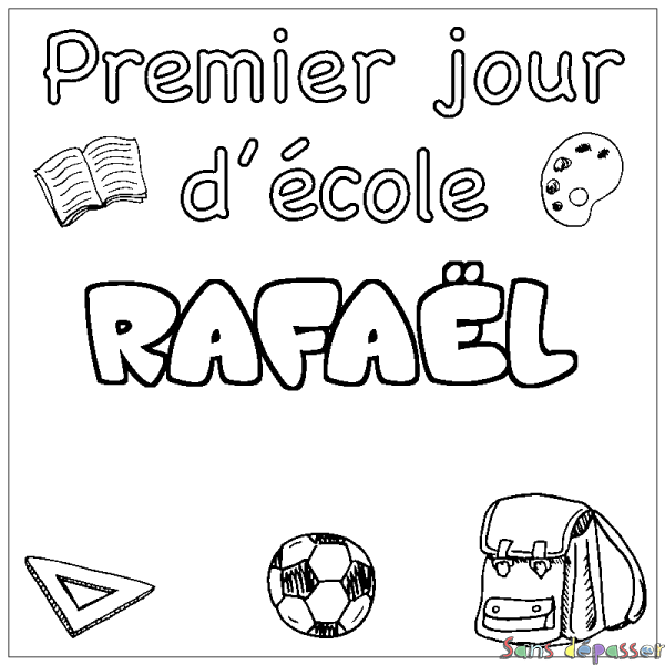 Coloriage pr&eacute;nom RAFA&Euml;L - d&eacute;cor Premier jour d'&eacute;cole
