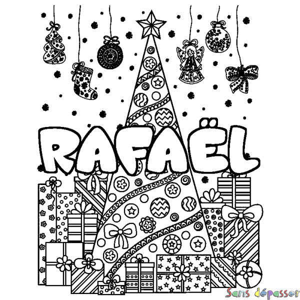 Coloriage pr&eacute;nom RAFA&Euml;L - d&eacute;cor Sapin et Cadeaux
