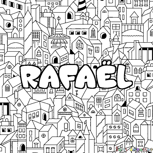Coloriage pr&eacute;nom RAFA&Euml;L - d&eacute;cor Ville