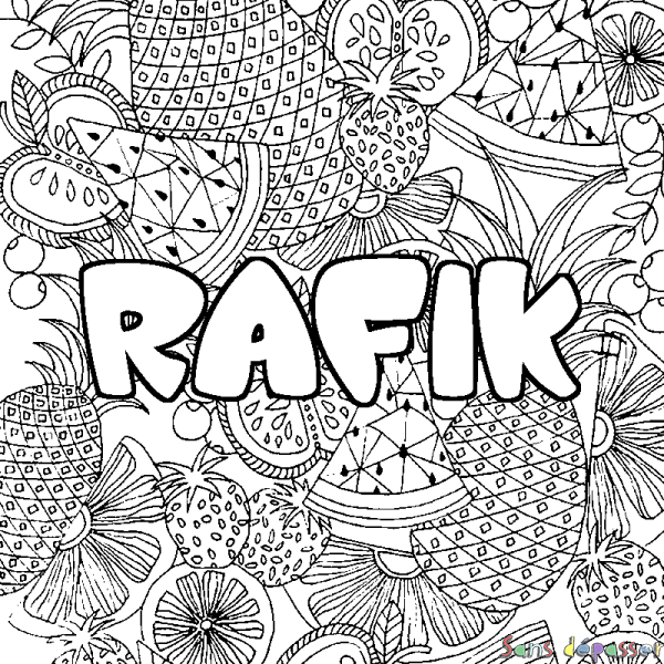 Coloriage prénom RAFIK - d&eacute;cor Mandala fruits