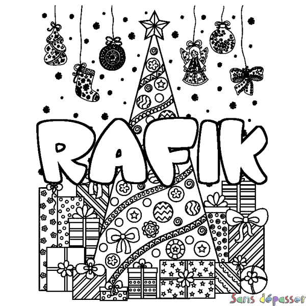 Coloriage prénom RAFIK - d&eacute;cor Sapin et Cadeaux