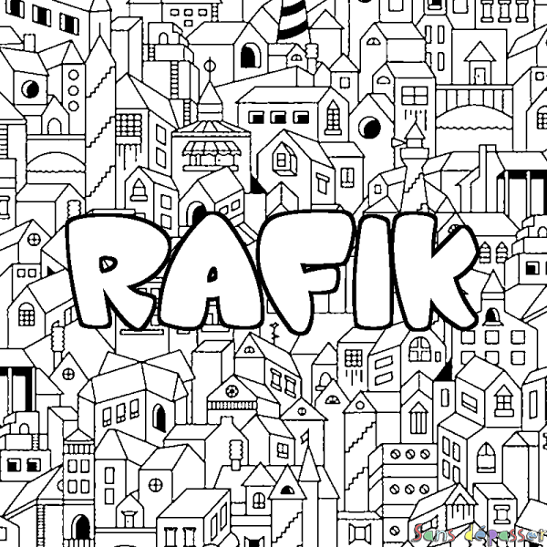 Coloriage prénom RAFIK - d&eacute;cor Ville