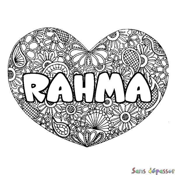 Coloriage prénom RAHMA - d&eacute;cor Mandala coeur