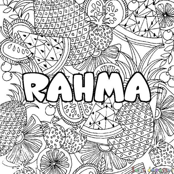 Coloriage prénom RAHMA - d&eacute;cor Mandala fruits