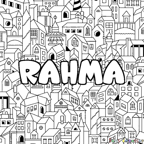 Coloriage prénom RAHMA - d&eacute;cor Ville