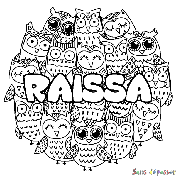 Coloriage pr&eacute;nom RAISSA - d&eacute;cor Chouettes