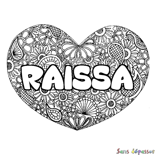 Coloriage prénom RAISSA - d&eacute;cor Mandala coeur