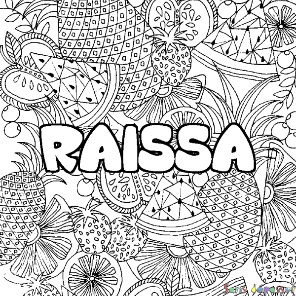 Coloriage pr&eacute;nom RAISSA - d&eacute;cor Mandala fruits