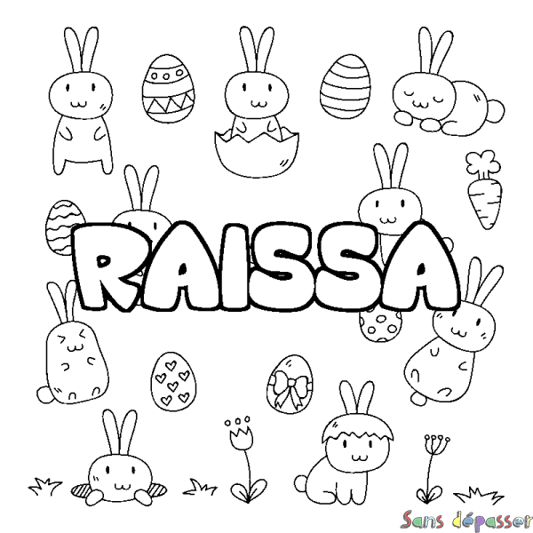 Coloriage pr&eacute;nom RAISSA - d&eacute;cor Paques