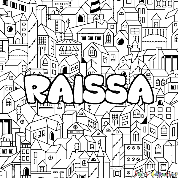 Coloriage prénom RAISSA - d&eacute;cor Ville