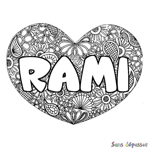 Coloriage pr&eacute;nom RAMI - d&eacute;cor Mandala coeur