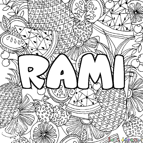 Coloriage pr&eacute;nom RAMI - d&eacute;cor Mandala fruits