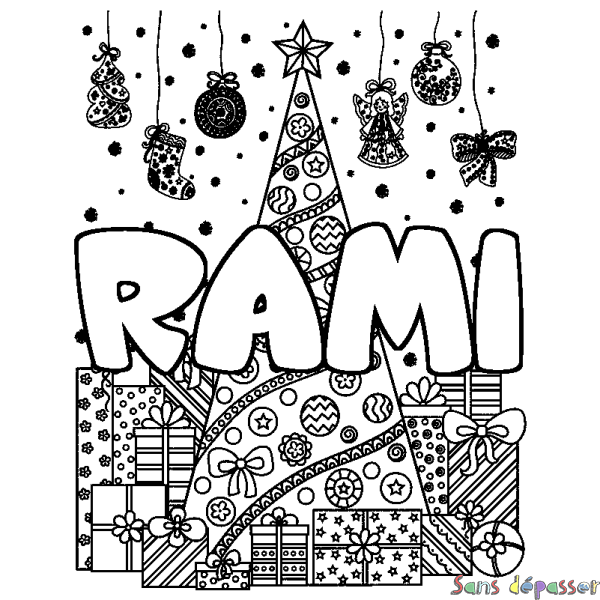 Coloriage prénom RAMI - d&eacute;cor Sapin et Cadeaux