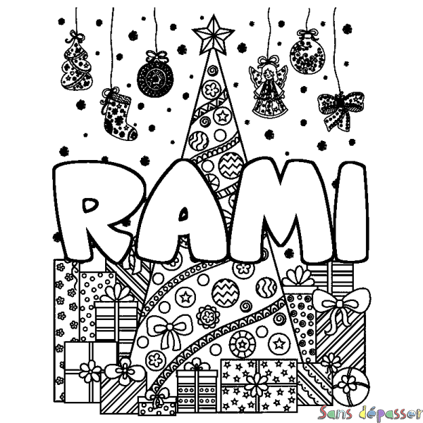 Coloriage pr&eacute;nom RAMI - d&eacute;cor Sapin et Cadeaux