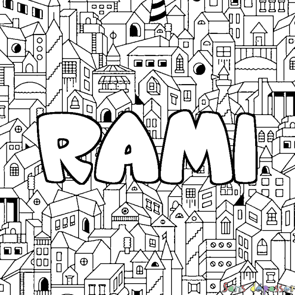 Coloriage pr&eacute;nom RAMI - d&eacute;cor Ville