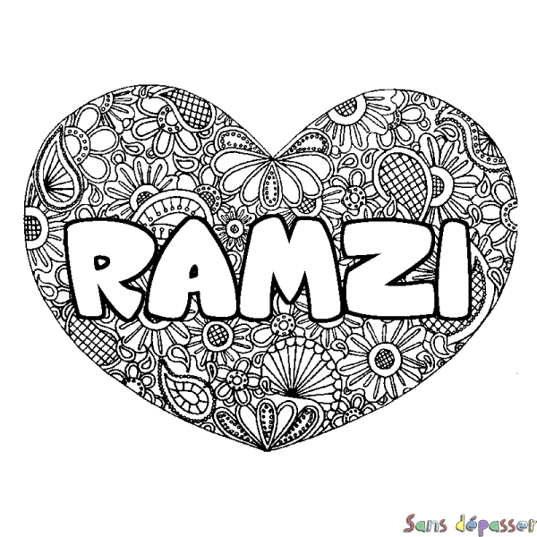 Coloriage prénom RAMZI - d&eacute;cor Mandala coeur