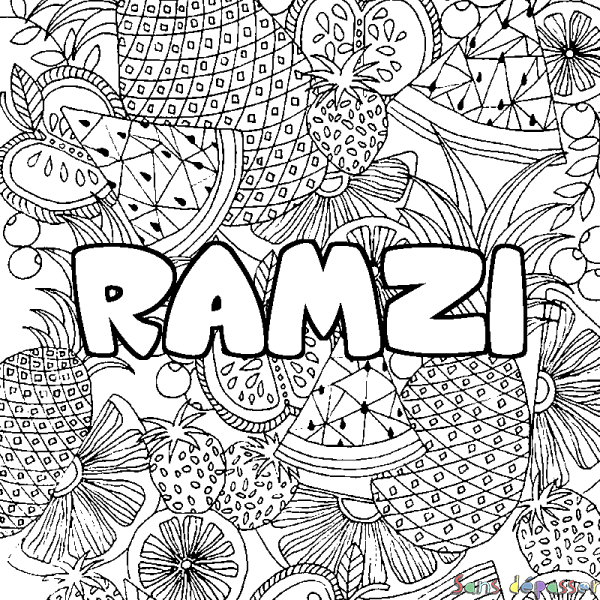 Coloriage pr&eacute;nom RAMZI - d&eacute;cor Mandala fruits