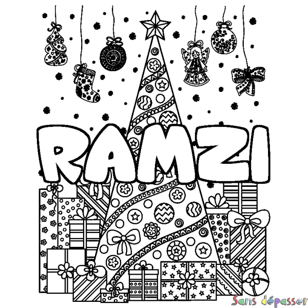 Coloriage prénom RAMZI - d&eacute;cor Sapin et Cadeaux