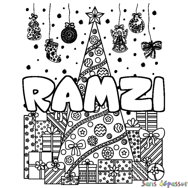 Coloriage pr&eacute;nom RAMZI - d&eacute;cor Sapin et Cadeaux