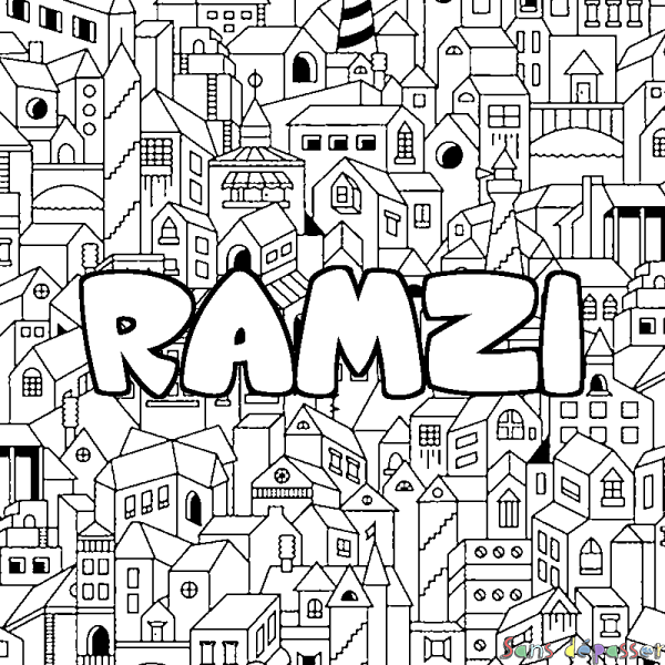 Coloriage pr&eacute;nom RAMZI - d&eacute;cor Ville