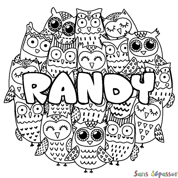 Coloriage pr&eacute;nom RANDY - d&eacute;cor Chouettes