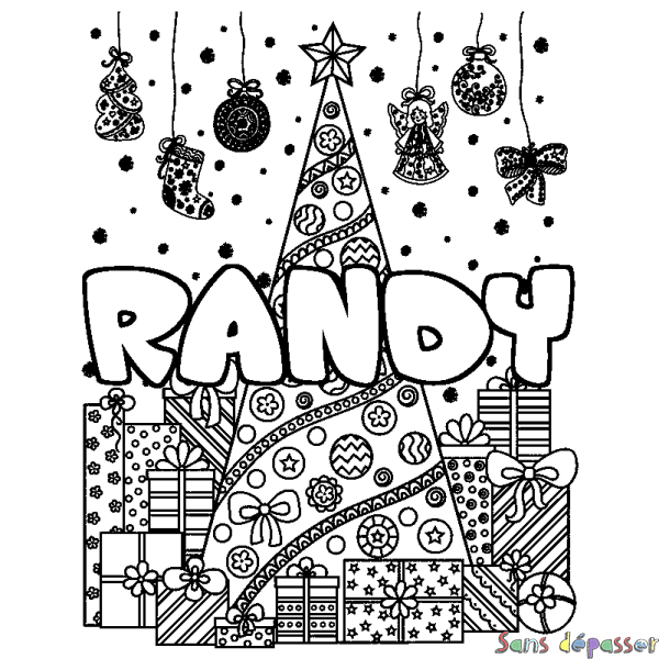 Coloriage prénom RANDY - d&eacute;cor Sapin et Cadeaux