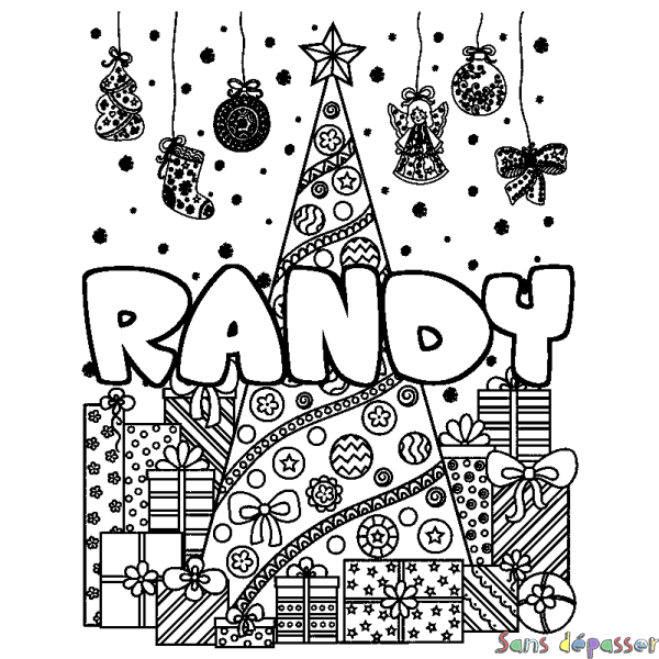Coloriage pr&eacute;nom RANDY - d&eacute;cor Sapin et Cadeaux