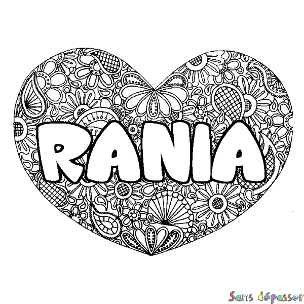 Coloriage prénom RANIA - d&eacute;cor Mandala coeur