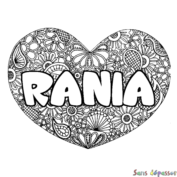 Coloriage pr&eacute;nom RANIA - d&eacute;cor Mandala coeur