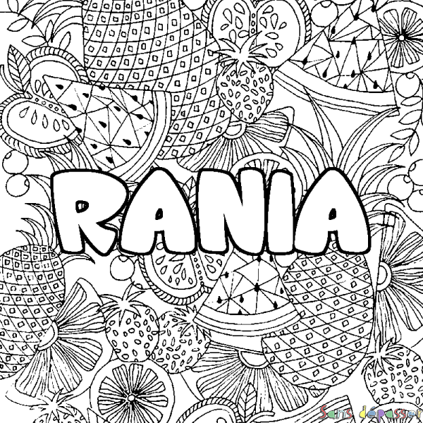 Coloriage pr&eacute;nom RANIA - d&eacute;cor Mandala fruits